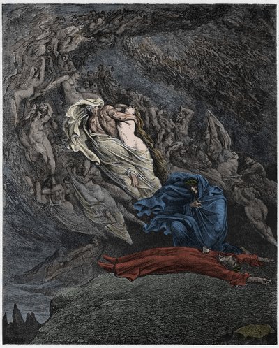 Inferno, Canto 5: Francesca Da Rimini beschrijft haar dood, illustratie uit De Goddelijke Komedie van Dante Alighieri, 1885 (digitaal ingekleurde gravure) door Gustave after Dore